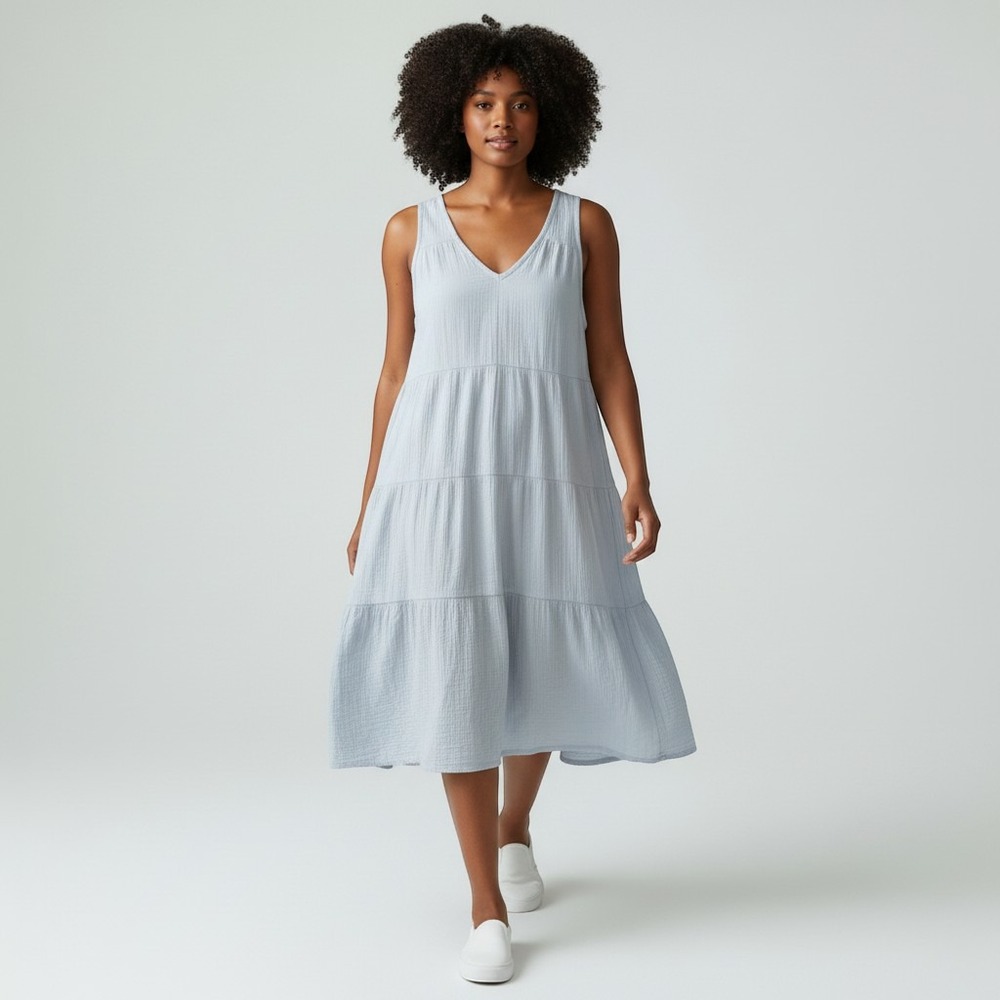 Quince Women Organic Cotton Gauze Tiered Maxi Dress Blue XL Coastal Lagenlook